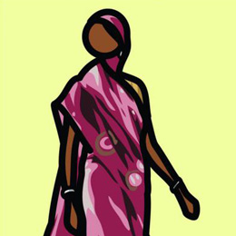 Woman in sari with flip flops.                                                                                                                                                                          