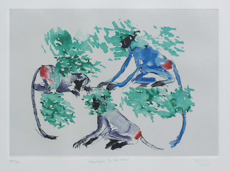 Amit Ambalal | Monkeys in the tree | 2023 | Intaglio print on paper . Limited edition: 30 of 30 | 21.5 x 30.5 Inches