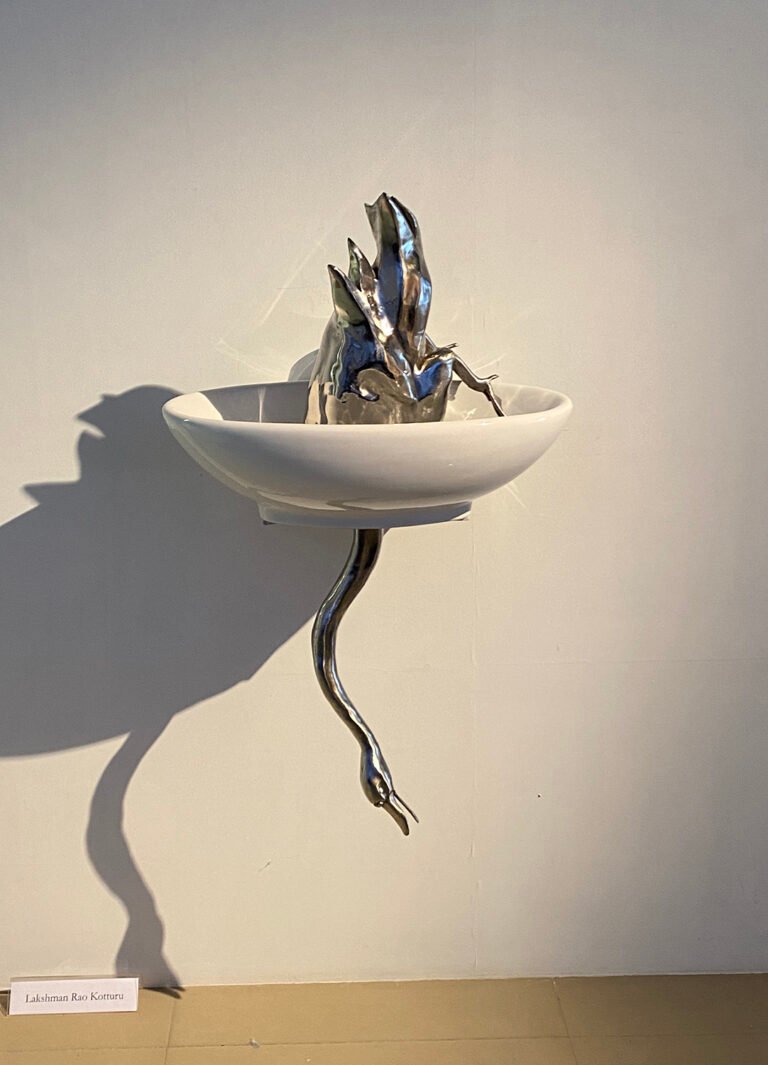 Lakshman Rao Kotturu | Fishing at nothing | 2021 | Stainless steel and readymade ceramic wash basin | 34(H) x 21(W) x 16.5(D) Inches