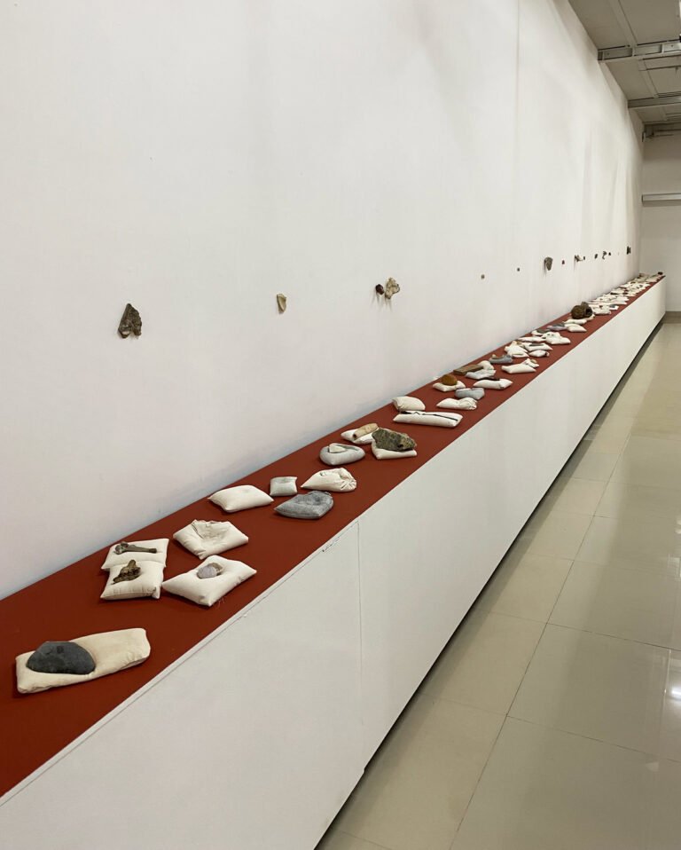 Ratna Gupta | Pillows | 2022-23 | Jesmonite, pebbles, stone, bone, shells, coral, slate, brick, mushroom, metal, sponge, beehive, latex, nest and wood, picked up on walks between places | Variable sizesRatna Gupta | Pillows | 2022-23 | Jesmonite, pebbles, stone, bone, shells, coral, slate, brick, mushroom, metal, sponge, beehive, latex, nest and wood, picked up on walks between places | Variable sizes