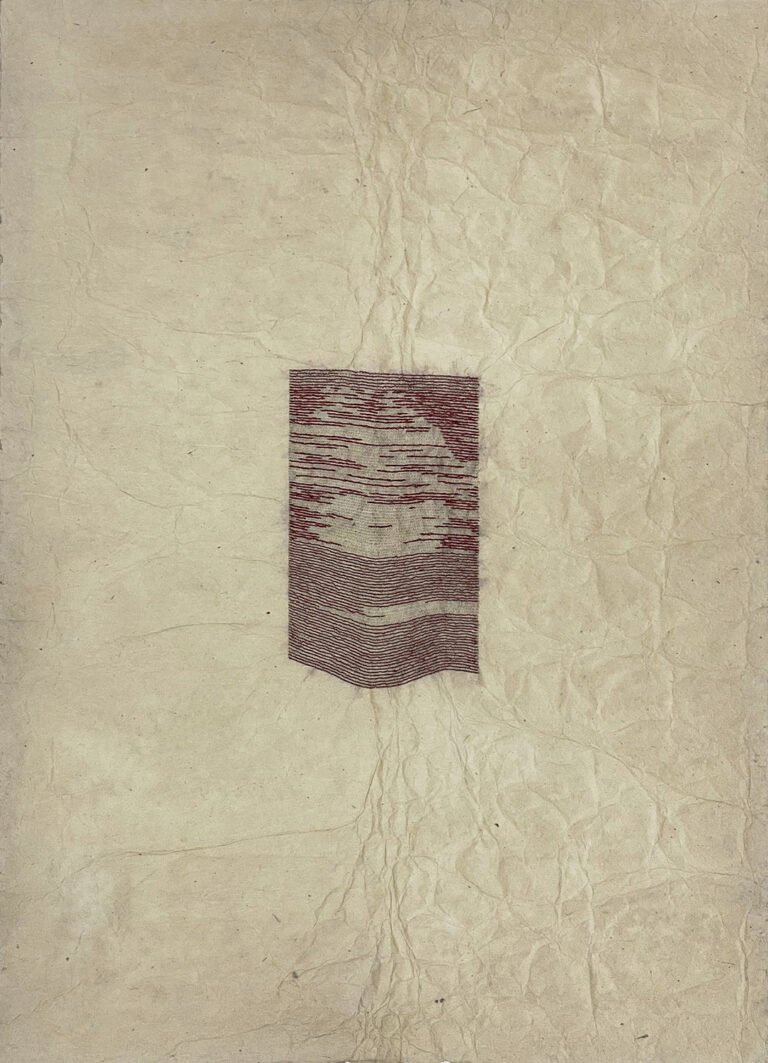 Ratna Gupta | Scape | 2023 | Embroidery thread and archival ink on mulberry paper stitched onto an acrylic sheet | 30 x 22 Inches