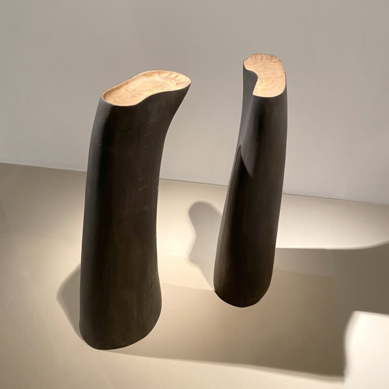 Sojwal Samant | 2 feet above | 2021 | Wood, graphite and oil paint. Set of 2 units | 1 – 24(H) x 6.5(W) x 9(D) Inches, 2 – 26(H) x 6.5(W) x 7(D) Inches