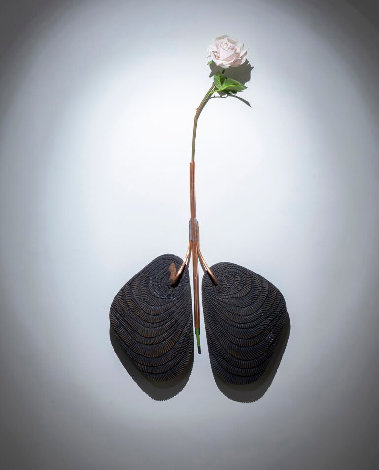 Sojwal Samant | Breathing apparatus | 2021 | Wood, copper and faux flower | 34(H) x 16.5(W) x 1(D) Inches