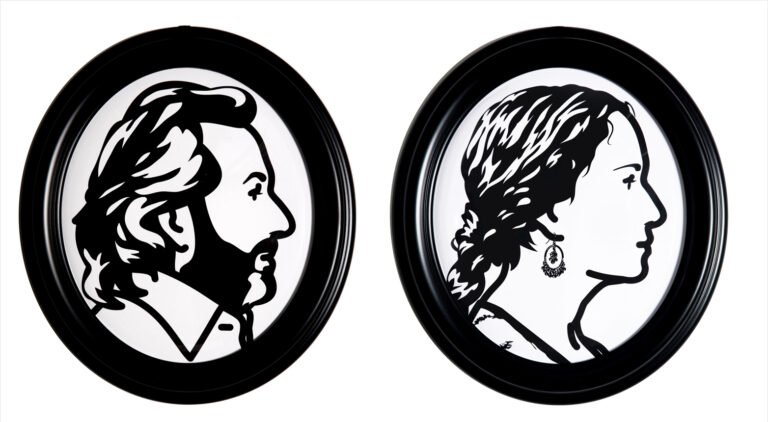 Julian Opie | Luc and Ludivine get married, no 9 | 2007 | Laser cut portraits, oval frames. Limited edition of 10+1AP | 17.7 x 15.7 x 3 inches each