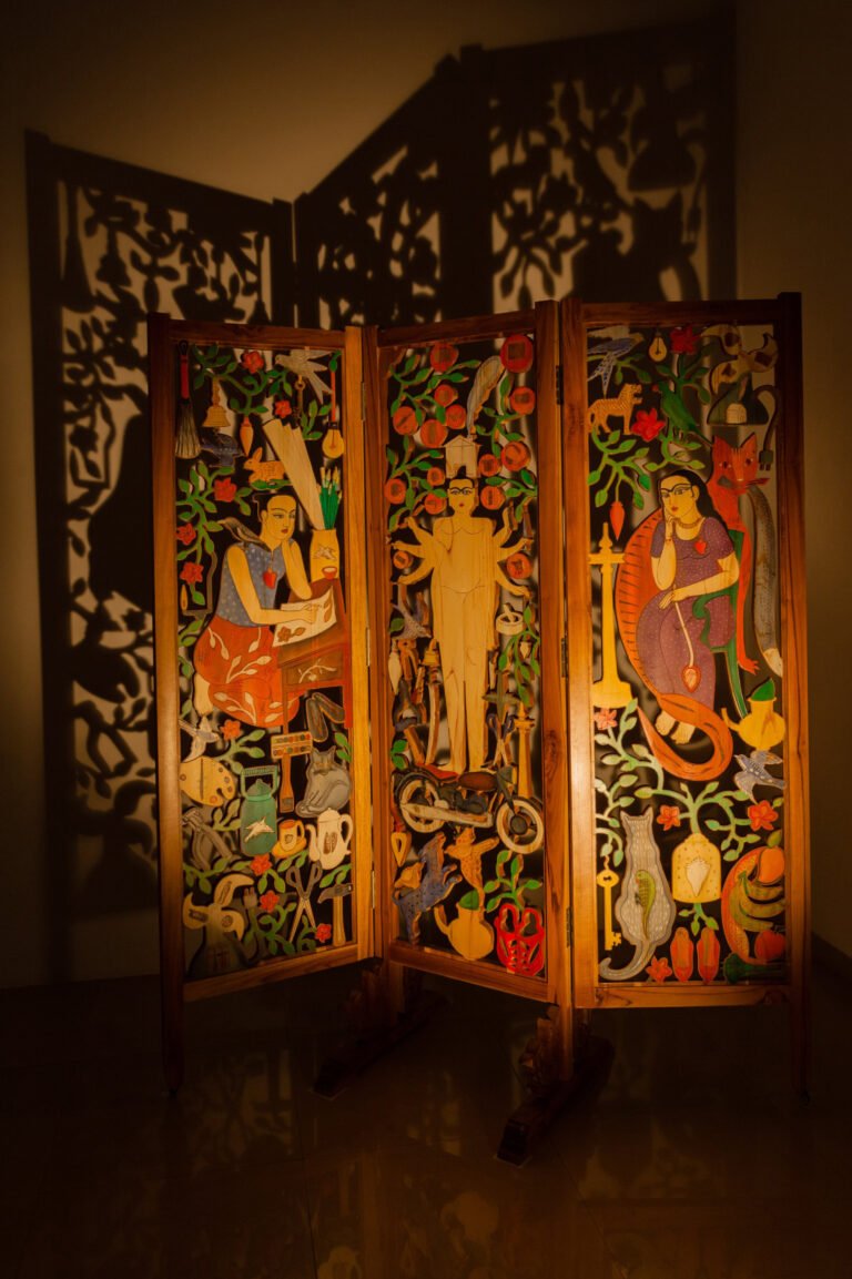 Rekha Rodwittiya | The Guarded Megalopolis of the Feminine Heart. | 2012-2013 | Painted wood, oil paint, varnish, hinges and wheels | 83 (h) x 72 (w) x 1 1|2 (d) Inches