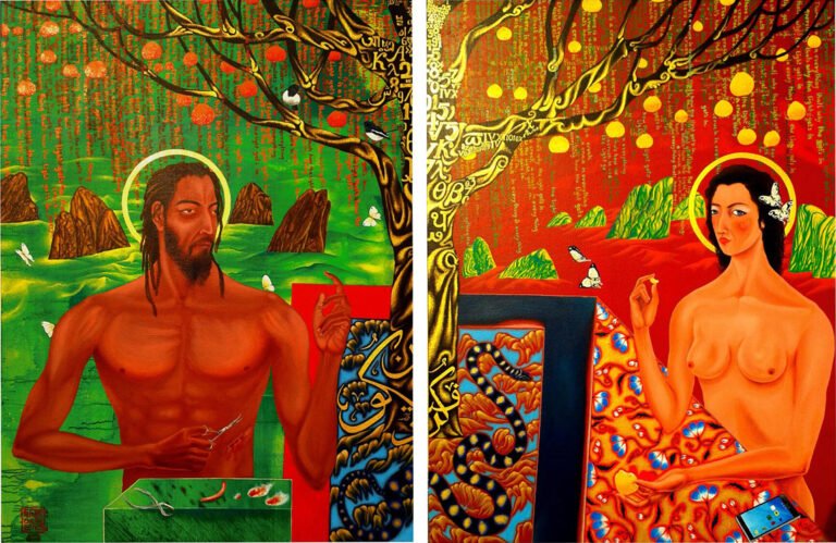 Sabir Ali | There is a cruck in everything, thats how the light gets in | 2014 | Acrylic on canvas (Diptych) | 72 x 48 inches overall