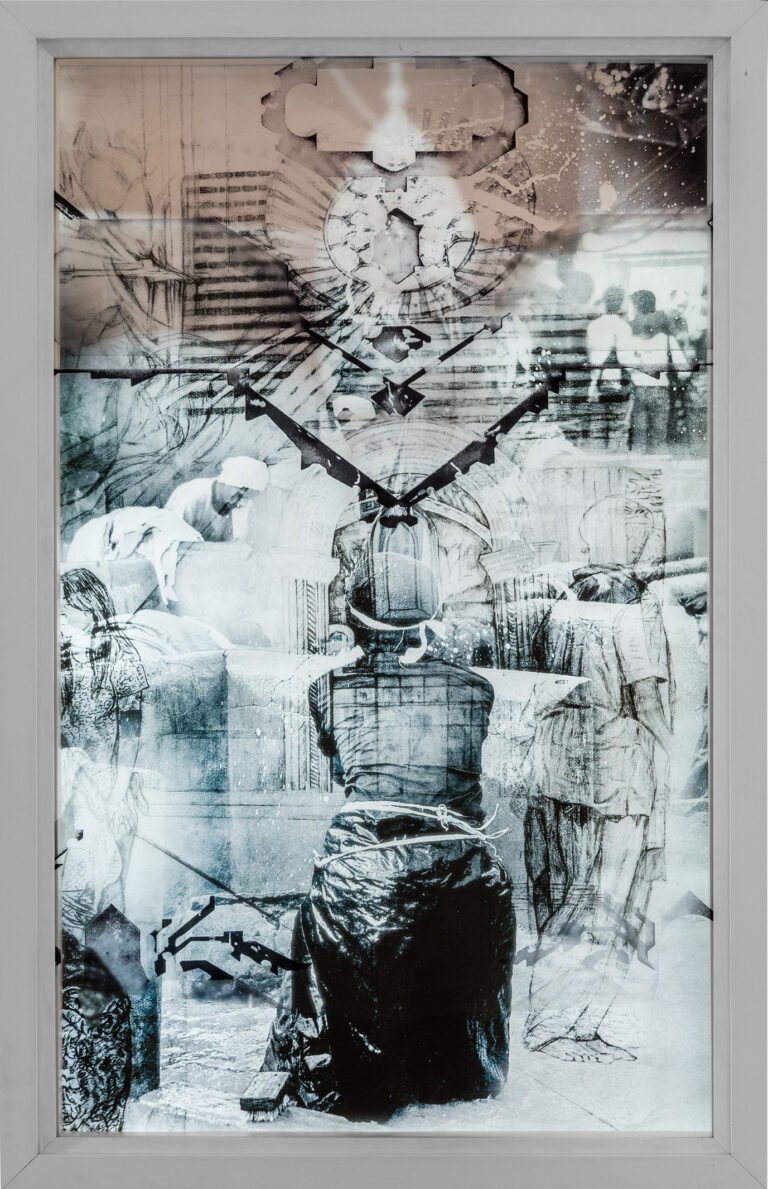 Remen Chopra W. Van Der Vaart. | Awakening | 2014 | Drawing, pen, ink, photography on glass & paper, light box | 32 x 21 Inches