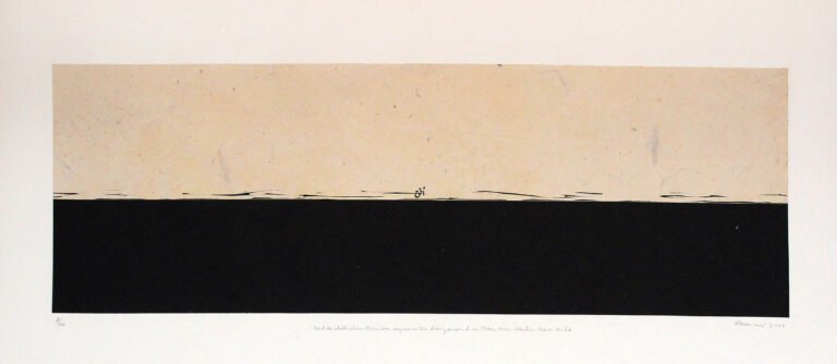 Zarina Hashmi | Horizon | 2001 | Woodcut with Urdu text, printed on handmade Nepalese paper, mouned on Arches cover white paper. Edition 7|20 | Image size: 11 x 33 inches & Paper size: 20 x 41.5 Inches