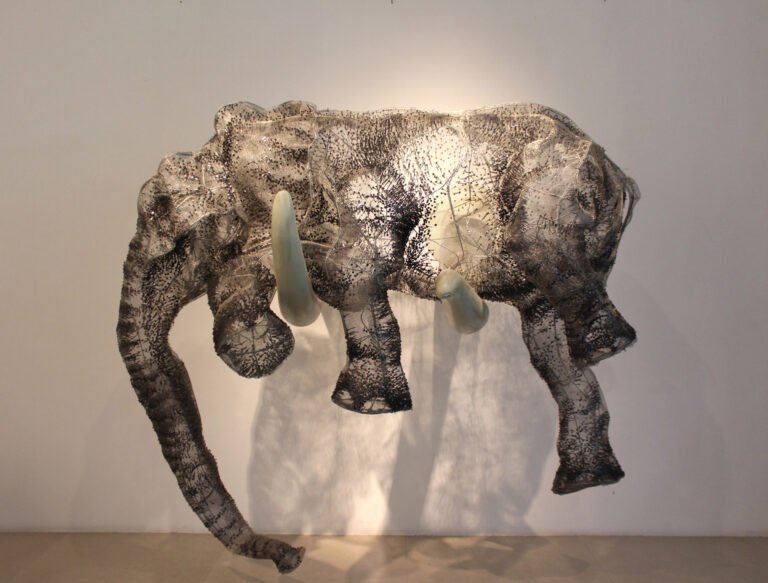 Lakshman Rao Kotturu | Pieta | 2016 | G.I. Mesh, rods, nails & fiberglass | Elephant-51(h) x 51(w) x 33(d) & Tusks-42.5(h) x 5.5(w) Inches