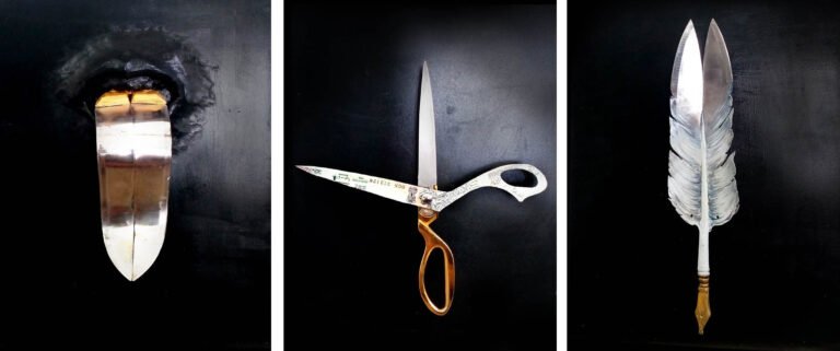 Lakshman Rao Kotturu | Think well before use | 2016 | Ready-made knife, scissors & wood | 15(h) x 12(L) x 7(D) inches each