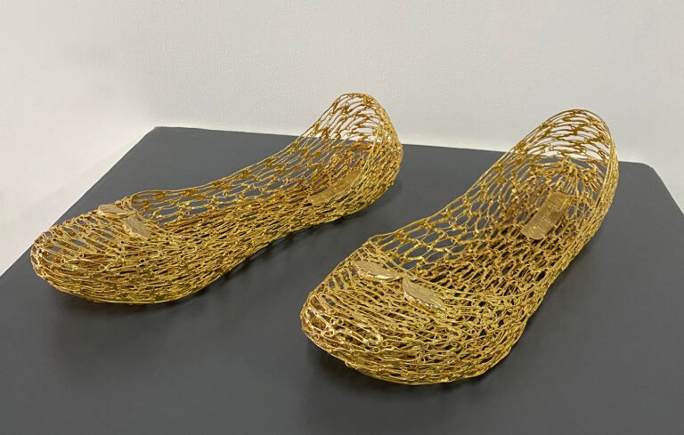 Tayeba Begum Lipi | My Pump Shoes | 2016 | Brass made safety pins covered by electroless nickel immersion gold. Limited edition 3 of 3 | 3(H) x 9.5(W) x 3(D) Inches