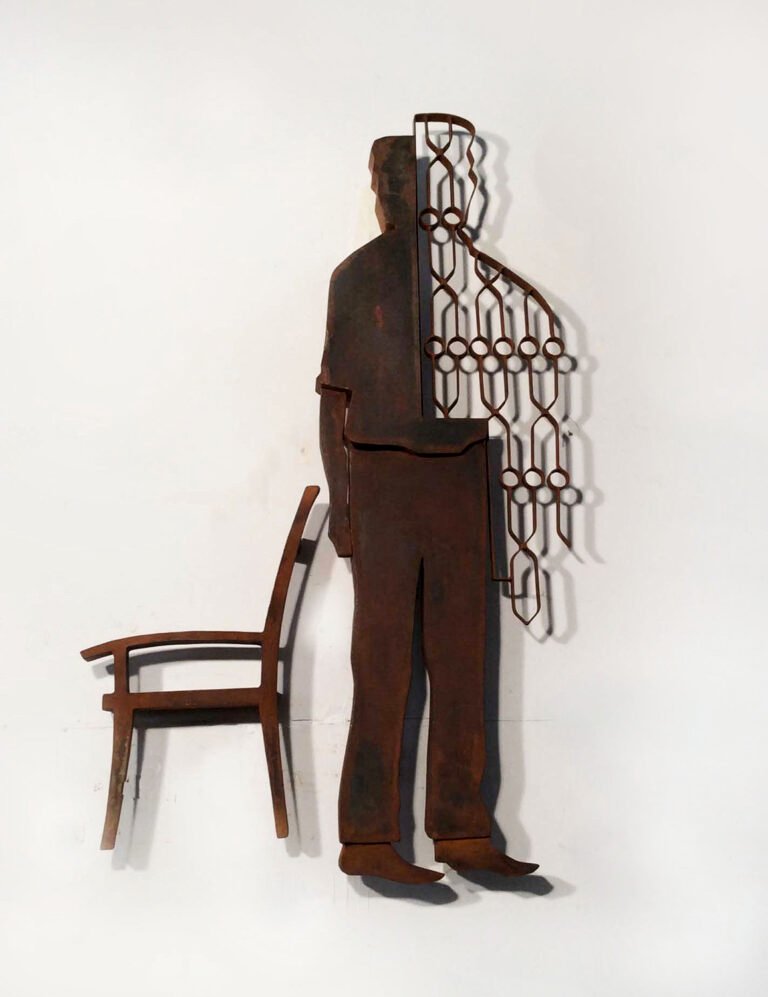 Sumedh Rajendran | Untitled | Wood, lamination and steel | Chair: 22(H) x 13(W) x 4(D) Inches | Man: 49.5(H) x 15 (W) x 4(D) Inches