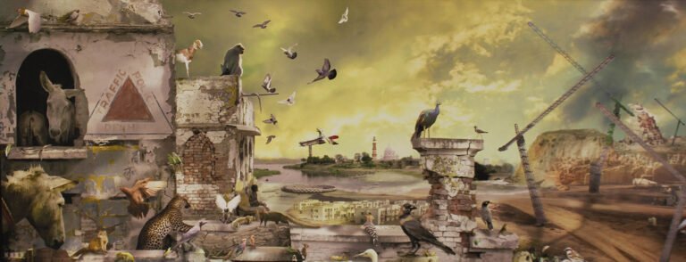 Ranbir Singh Kaleka | Conference of Birds & Beasts | 2010 | Digital print & painting on canvas. Series of 5 variations | 24 x 59.5 Inches