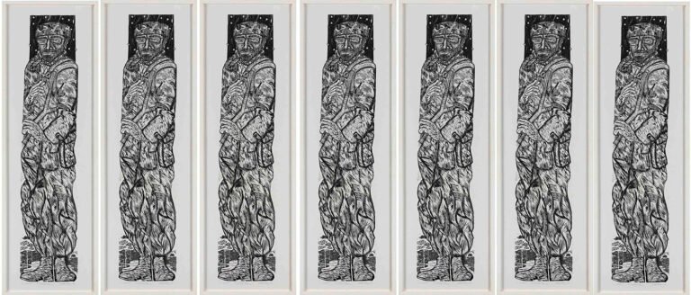 Walter D’souza | One morning in May | 2010 | Woodcut prints on paper. Set of 7 units | 58.5 x 17.5 Inches Each