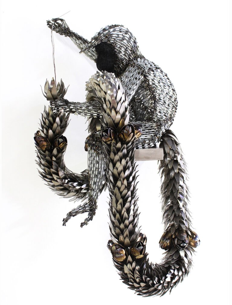 Lakshman Rao Kotturu | Putting Effort For Worthless People | 2021 | G.I. fencing wire, steel black mesh, stainless steel, S.S knifes, spoons, needle and copper wire | 41 x 24 x 18.5 Inches