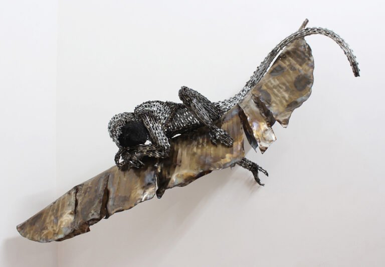 Lakshman Rao Kotturu | Dreaming For Dinner | 2021 | Stainless steel sheet, G.I fencing wire, black mesh | 28 x 50 x 17.5 Inches