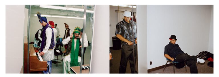 Gauri Gill | Stanford University Bhangra Competition. Dianza College, California 2002/Performers Kwane Wilkinson and Shane Shake Dhillon from the California Soul Hip Hop Dance Academy based in Modesto, California (The Americans) |  2002 | Archival Pigment Print (Edition 1/7 + 2AP) | 16.5 x 50 Inches