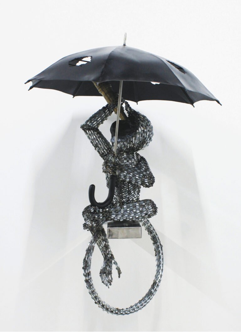 Lakshman Rao Kotturu | Waiting for the rain | 2022 | GI fencing wire, stainless steel and ready made brass telescope | 41(h) X 27.5(w) X 29(d) Inches