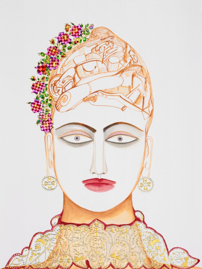 Rekha Rodwittiya | Untitled | 2010 | Water colour and Popular Stickers on Paper | 12.25 x 16.25 Inches