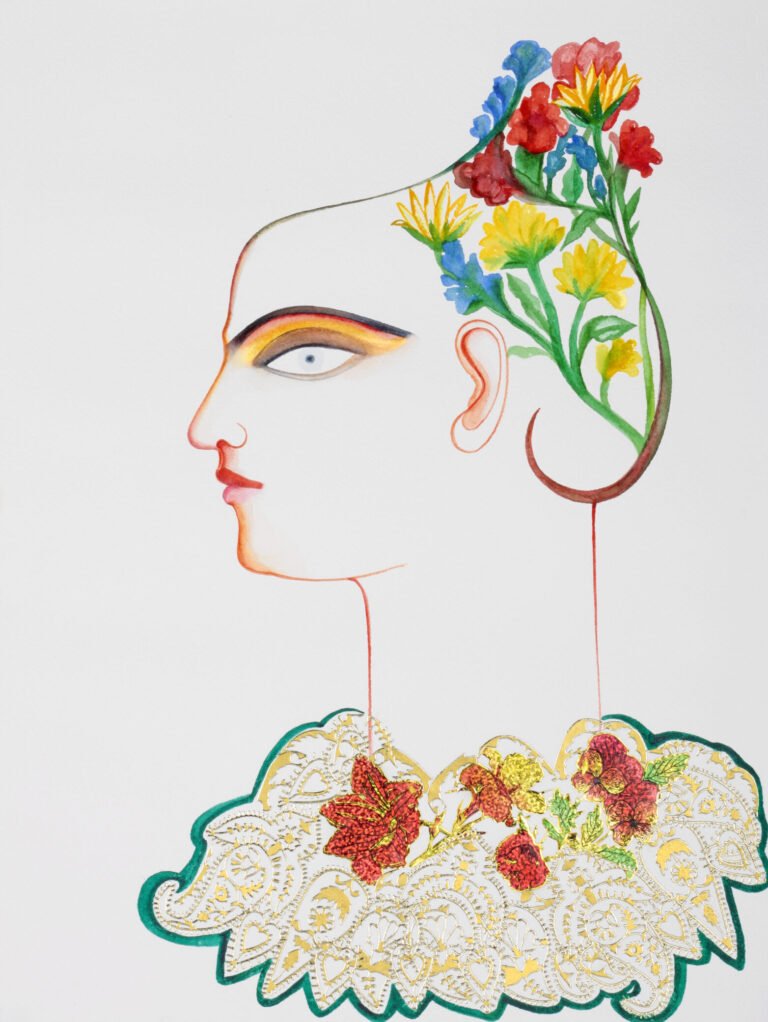 Rekha Rodwittiya | Untitled | 2010 | Water colour and Popular Stickers on Paper | 30.25 x 22.25 Inches