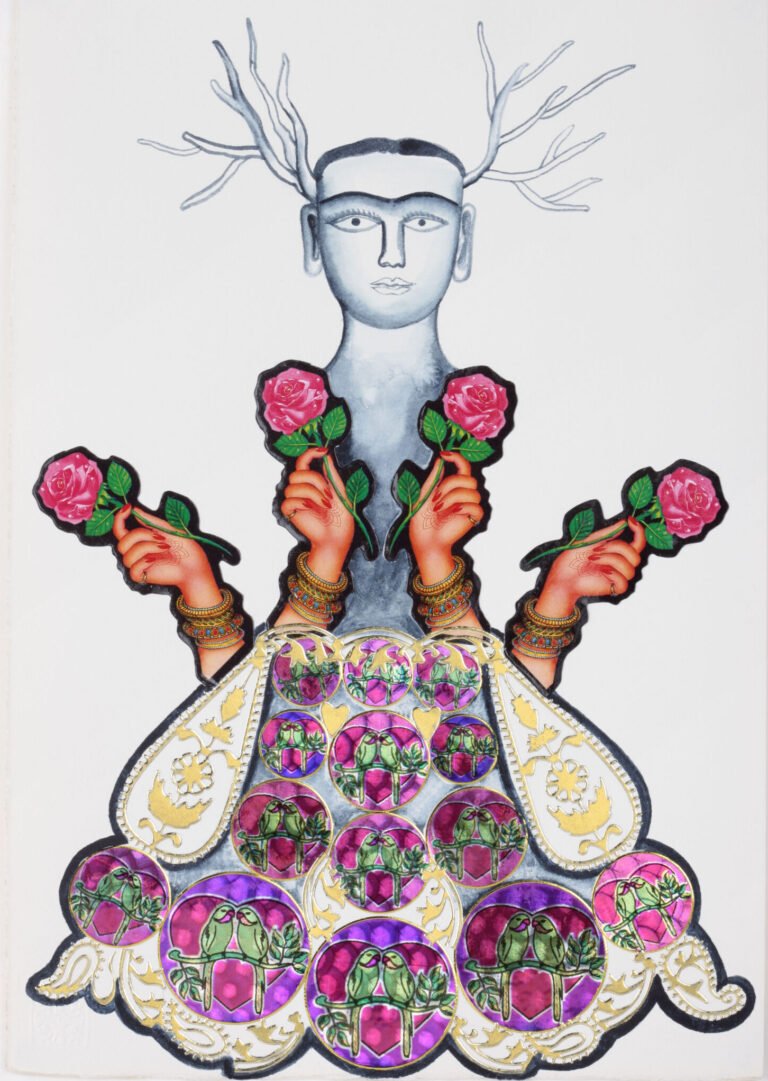 Rekha Rodwittiya | Untitled | 2010 | Water colour and Popular Stickers on Paper | 11 x 7.5 Inches