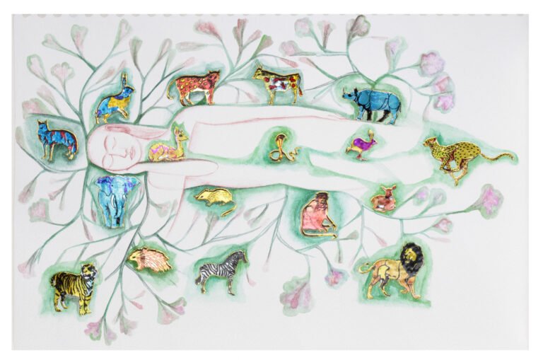 Rekha Rodwittiya | Untitled | 2010 | Water colour and Popular Stickers on Paper |  8 x 12.25 Inches