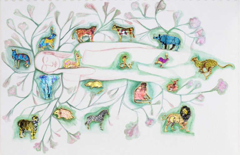 Rekha Rodwittiya | Untitled | 2010 | Water colour and Popular Stickers on Paper |  8 x 12.25 Inches