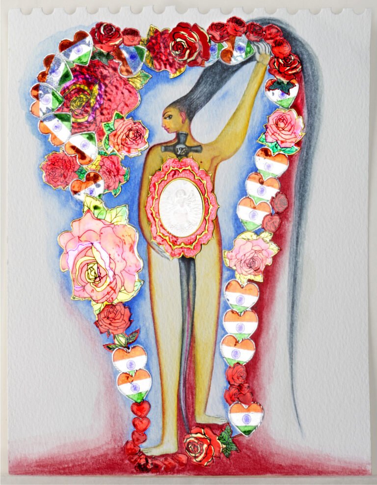 Rekha Rodwittiya | Untitled | 2010 | Water colour and Popular Stickers on Paper | 6.25 x 8 Inches