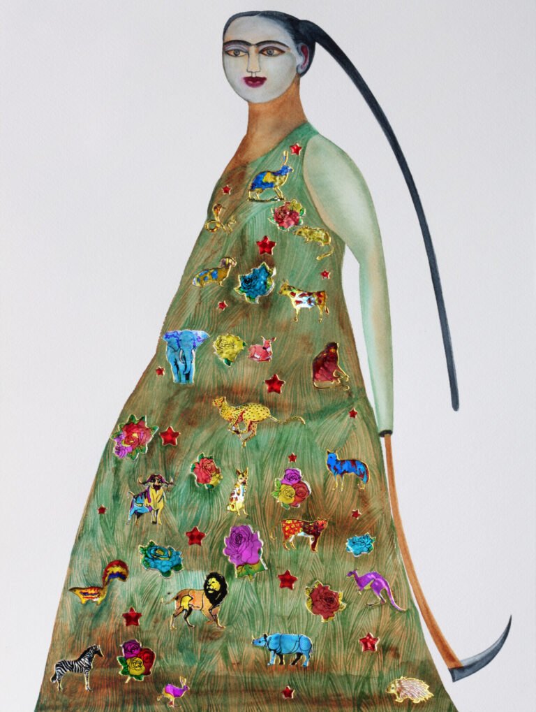Rekha Rodwittiya | Untitled | 2010 | Water colour and Popular Stickers on Paper | 12.25 x 16.25 Inches