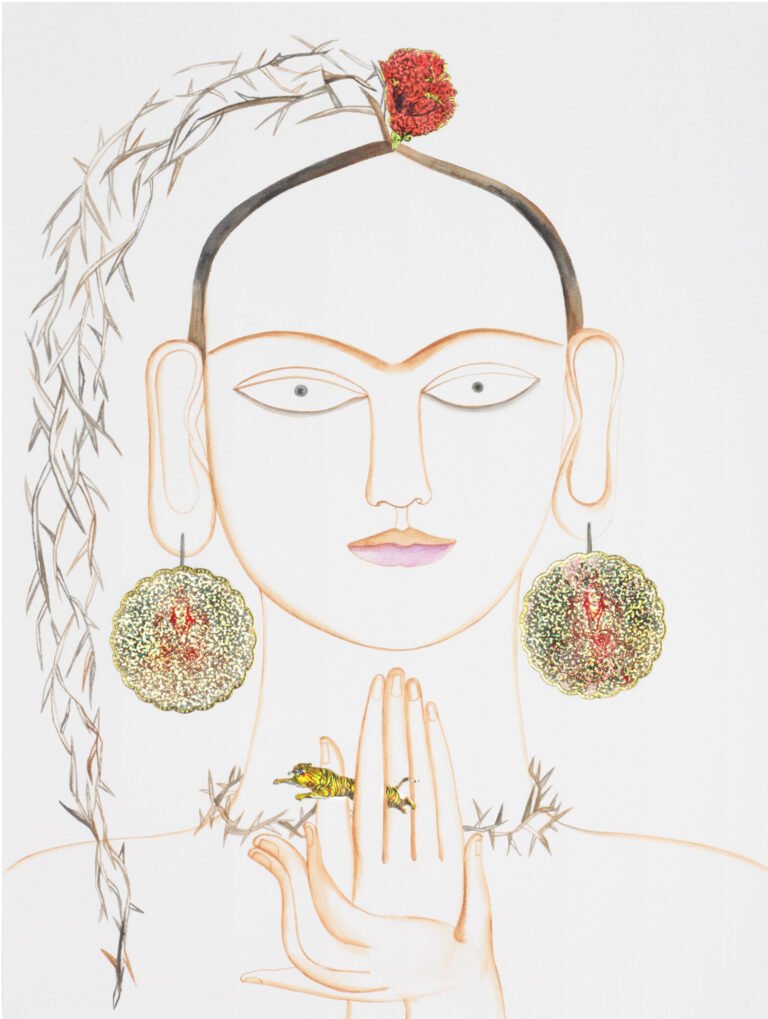 Rekha Rodwittiya | Untitled | 2010 | Water colour and Popular Stickers on Paper | 16.25 x 12.25 Inches