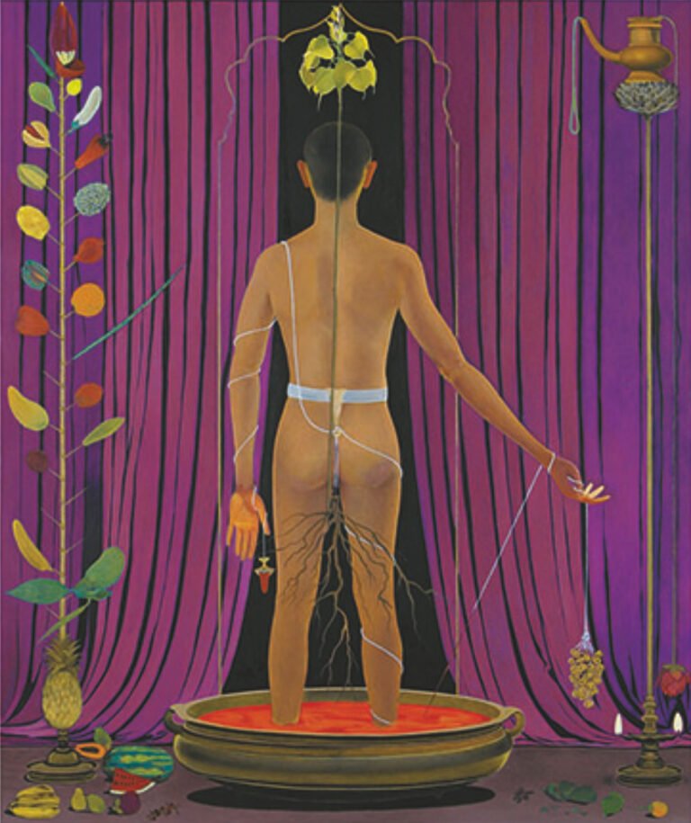 Surendran Nair | Regarding roots: study for a solemn free- radical act; An actor performing in an imaginary play epiphany cuckoonebulopolis | 2005 | Oil on canvas | 71 x 59 Inches