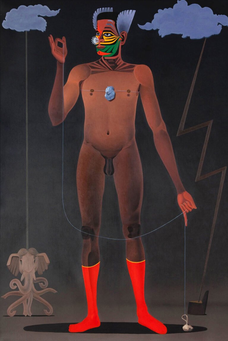 Surendran Nair | Indra: The Actor performing the parabasis of an imaginary play – Doctrine of the Forest (Cuckoonebulopolic) | 2009 | Oil on canvas | 71 x 47 Inches