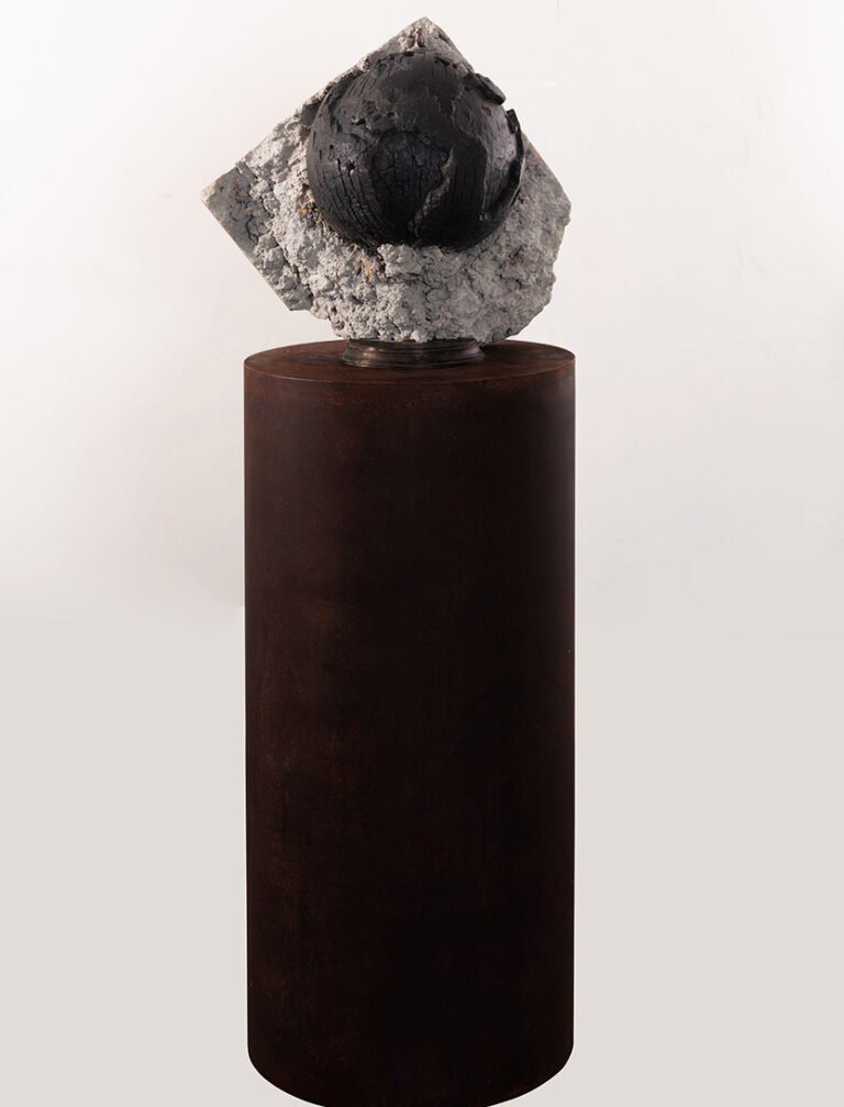 Vibha Galhotra | Life on Mars – L -10.748° | L 281.579° (from the series Life on Mars) | 2019 | Globe, concrete, ash brick and metal | 52 x 21 x 14 Inches (with pedestal)