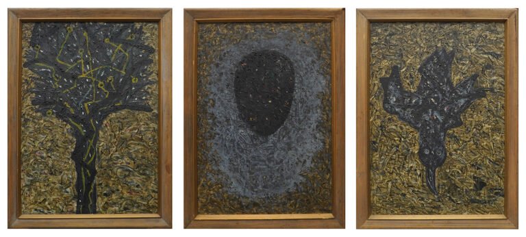 Amitava Das | Tree, Human Head, Bird | Oil and acrylic on canvas (Triptych) | 27 x 19 each Inches