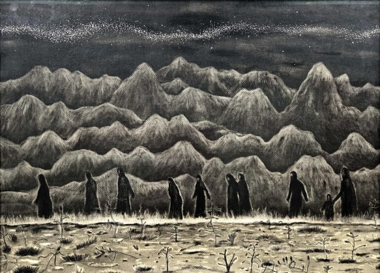 Alok Bal | Fire Walkers | 2020 | Charcoal on paper | 22 x 29 Inches