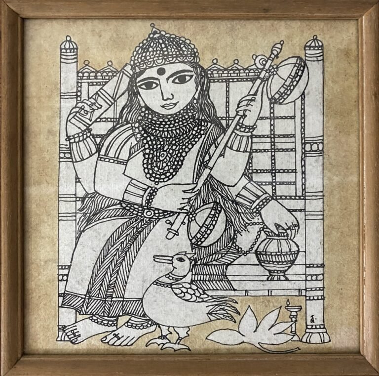 Badri Narayan | Saraswati | 1987 | Tea wash, pen and ink on paper | 7.5 x 7.5 Inches