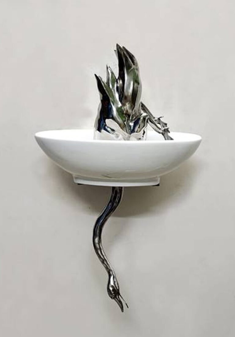 Lakshman Rao Kotturu | Fishing at Nothing | 2021 | Stainless steel and readymade ceramic wash basin | 34(H) x 21(W) x 16.5(D) Inches