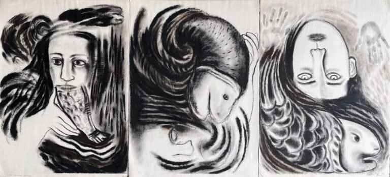 Rekha Rodwittiya | The Rhetoric Dialogue | 1991 | Charcoal on paper (Triptych) | 30 x 66 Inches