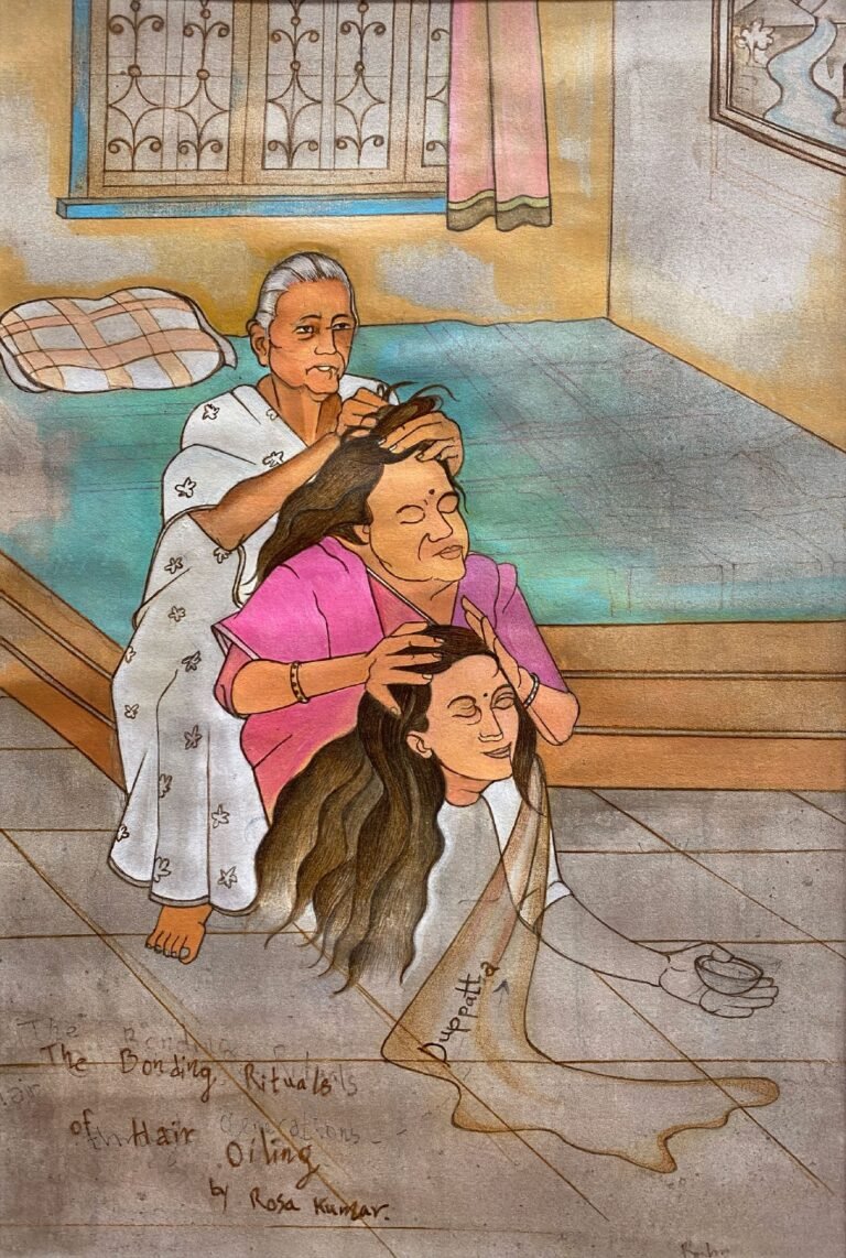 Roshan Chhabria | Hair Oiling Through Generations | 2024 | Watercolour and colour pencil on paper | 11 x 7.5 Inches