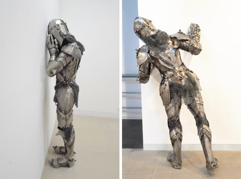 Lakshman Rao Kotturu | Hide and Seek | 2024 | Stainless steel, MS chainmail and black mesh | 68(H) x 24(W) x 17(D) Inches each