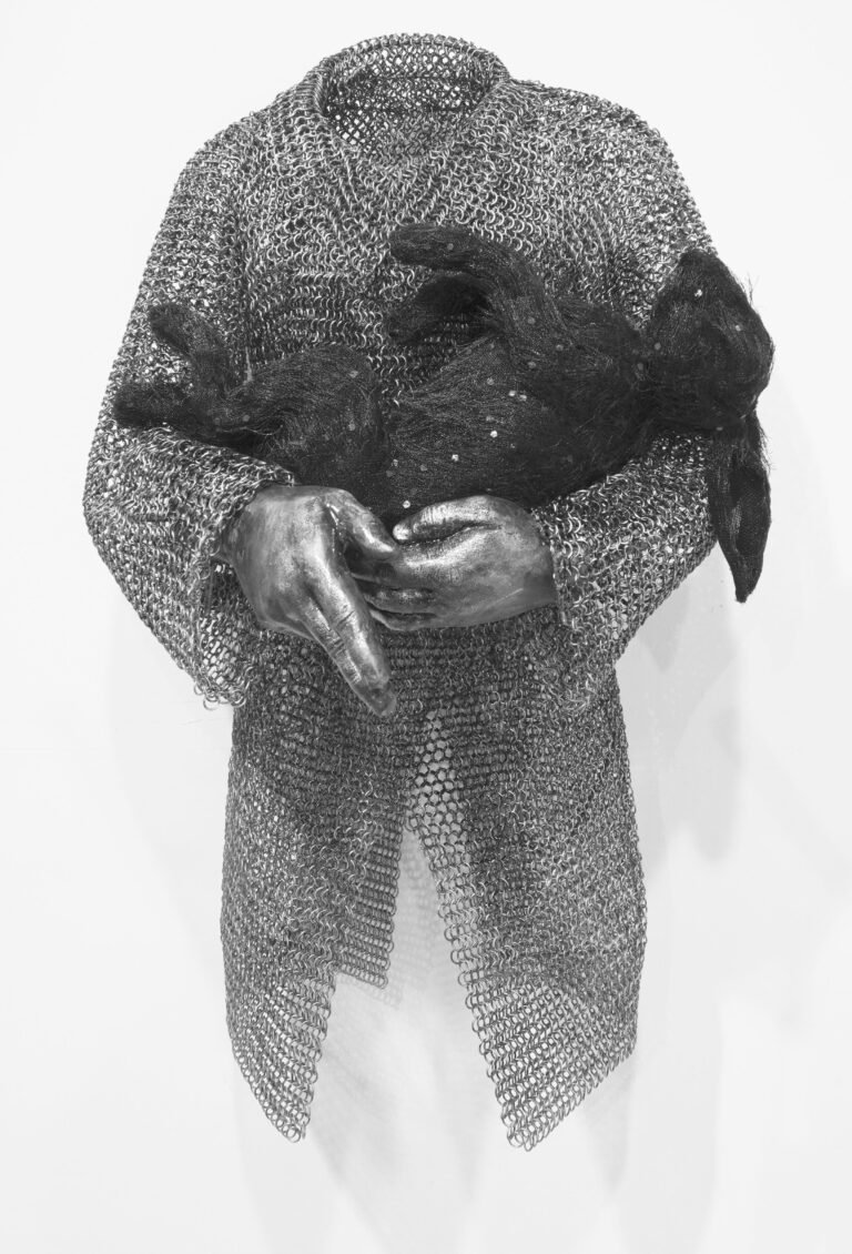 Lakshman Rao Kotturu | Waiting for Reincarnation | 2024 | MS chainmail shirt, stainless steel black mesh, fiberglass and steel | 40(H) x 24(W) x 22(D) Inches each