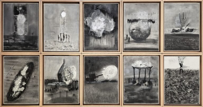 Lochan Upadhyay | No Man’s Land – 2 | 2024 | Charcoal and automobile spray on paper (Set of 10 units) | Display size: 18 x 34.5 Inches