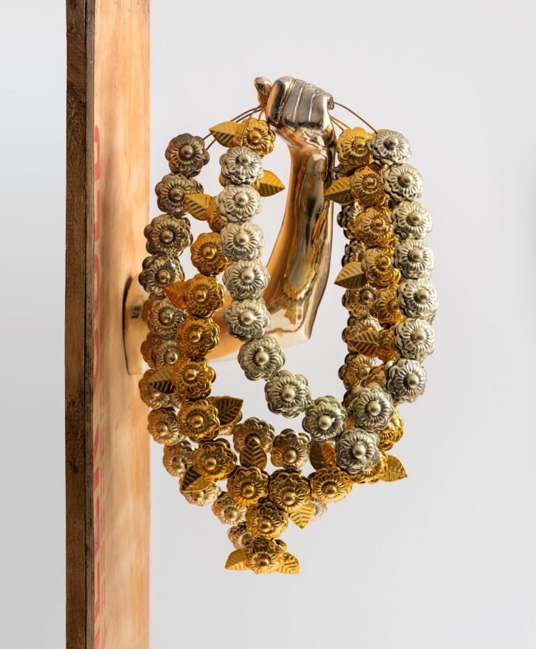 Ritesh Ajmeri | Garland | 2021 | Chrome painted on stainless steel and aluminum |  Variable dimensions