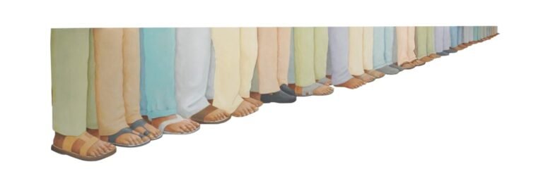 Salik Ansari | The Great Queue | 2024 | Acrylic on wood panel | 21 x 70 Inches