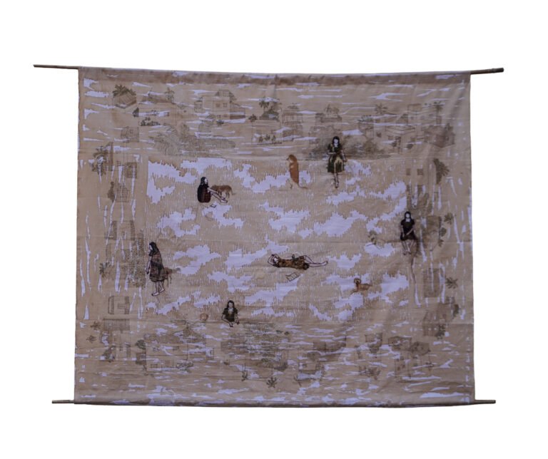 Moumita Basak I Shared Scenario I 2025 I Tea tint, hand stitching, machine embroidery, waste cloth, yarn and watercolour on cloth I 41 x 49 Inches