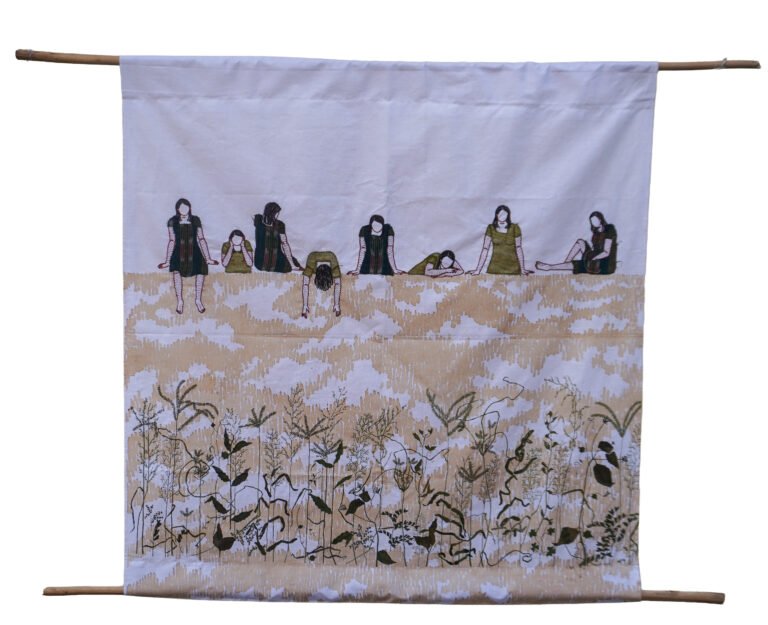 Moumita Basak I Let’s Go Back Once More Time 2 I 2024 I Tea tint, hand stitching, machine embroidery, waste cloth, yarn and watercolour on cloth I 29 x 28.5 Inches
