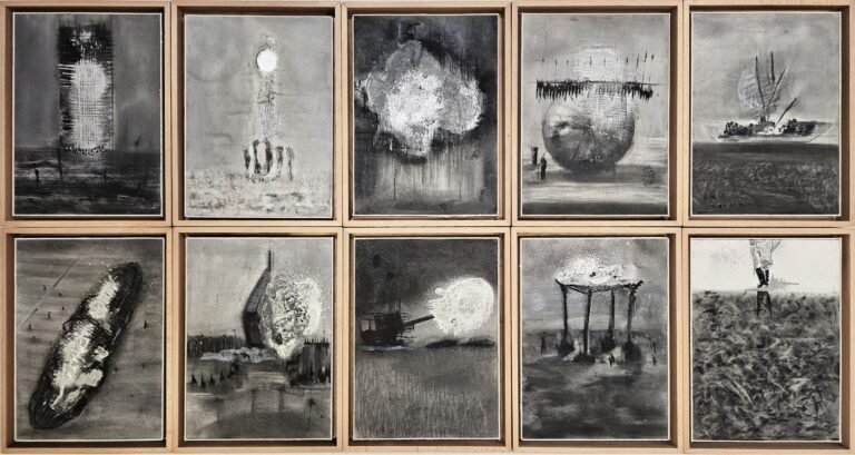 Lochan Upadhyay I No Man’s Land – 2 I 2024 I Charcoal and automobile spray on paper (Set of 10 units) I Display size: 18 x 34.5 Inches