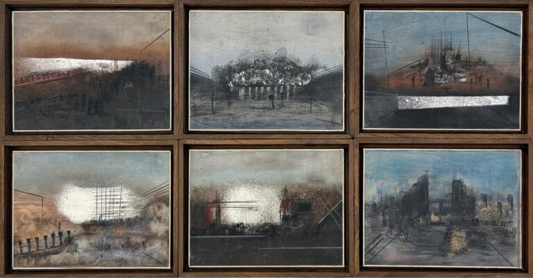 Lochan Upadhyay I No Man’s Land – 9 I 2024 I Charcoal and automobile spray on paper (Set of 6 units) I Display size: 14 x 27 Inches
