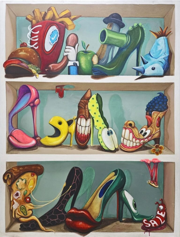 Siddhartha Kararwal | Shoe Zoo | 2025 | Oil, acrylic and oil pastels on canvas | 88.5 x 67 Inches