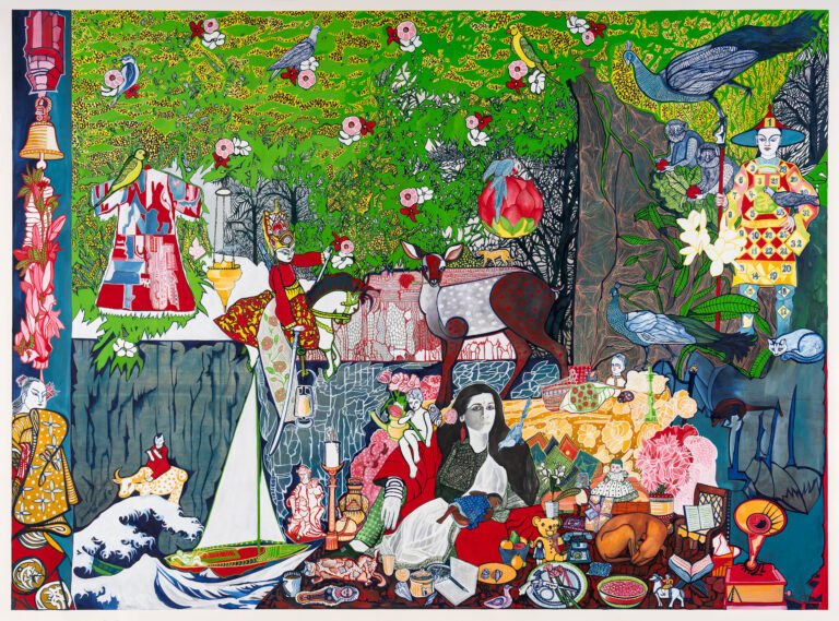 Rekha Rodwittiya | Home is Wherever You Are | 2025 | Hand painted watercolour over digital print of autobiographic imagery | 57 x 77 Inches